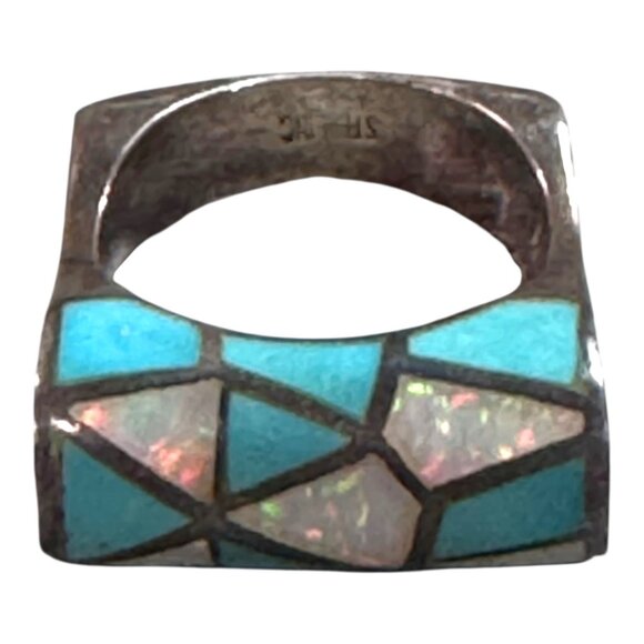 Vintage Sterling Silver Mosaic Inlay Ring  Turquoise & Opal Geometric Design 8 - Picture 8 of 10